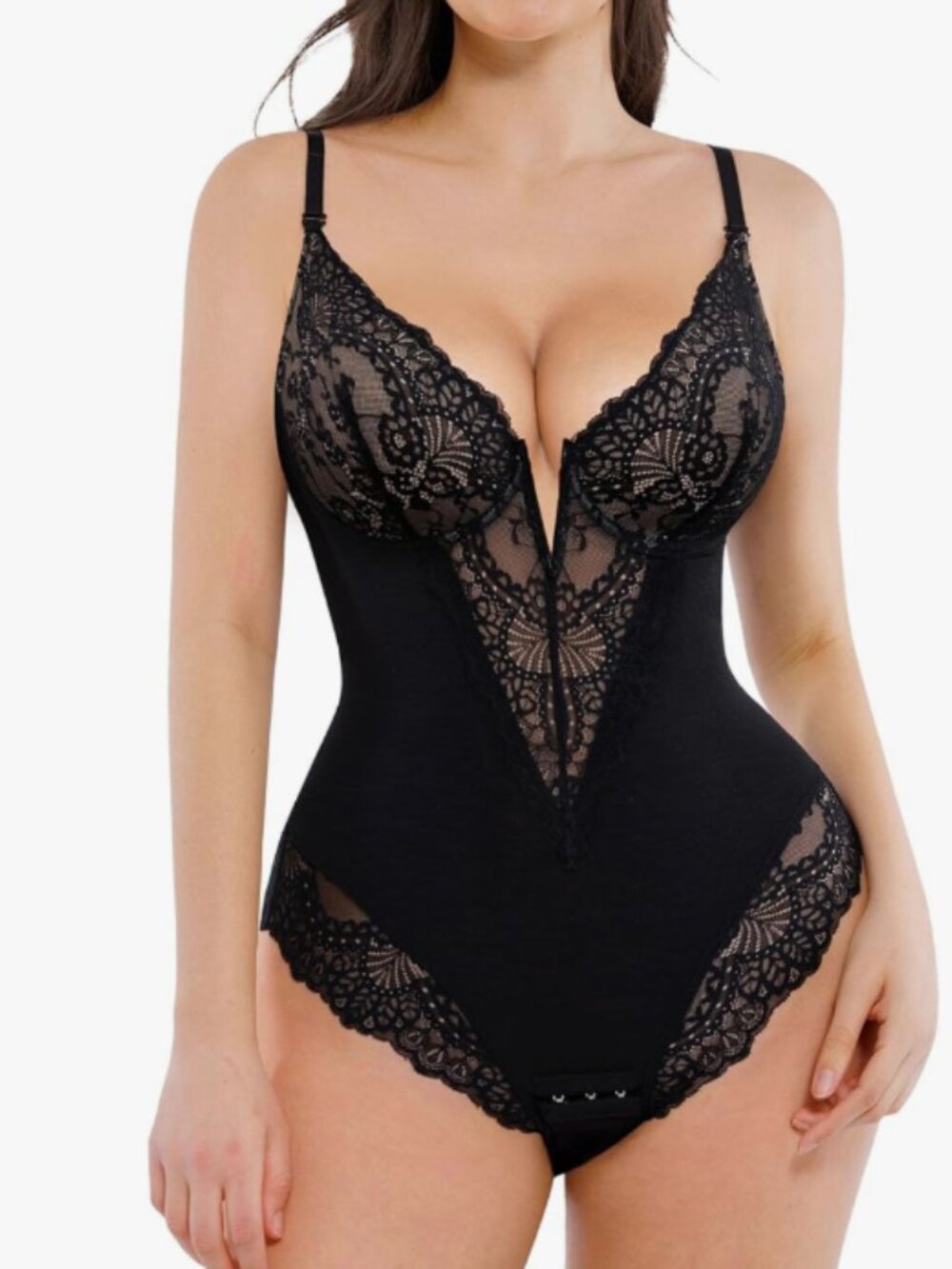 Popilush Lace Bodysuit with Plunging Neckline and Shapewear